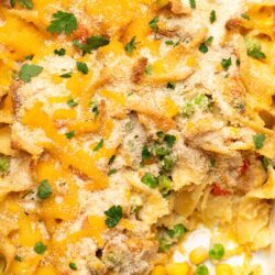 Cheesy chicken casserole with vegetables and breadcrumb topping.