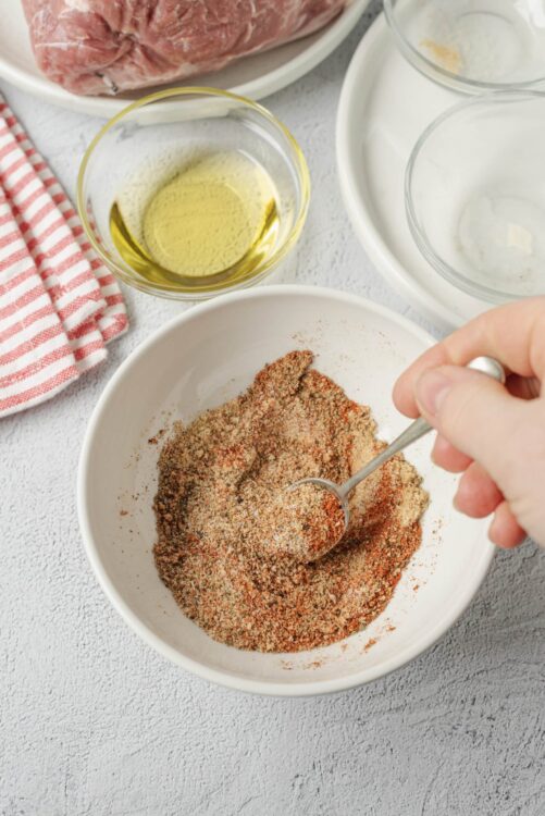 Seasoned dry rub spice mix in a white bowl with paprika, garlic powder, onion powder, and others, ready for grilling or roasting meat.