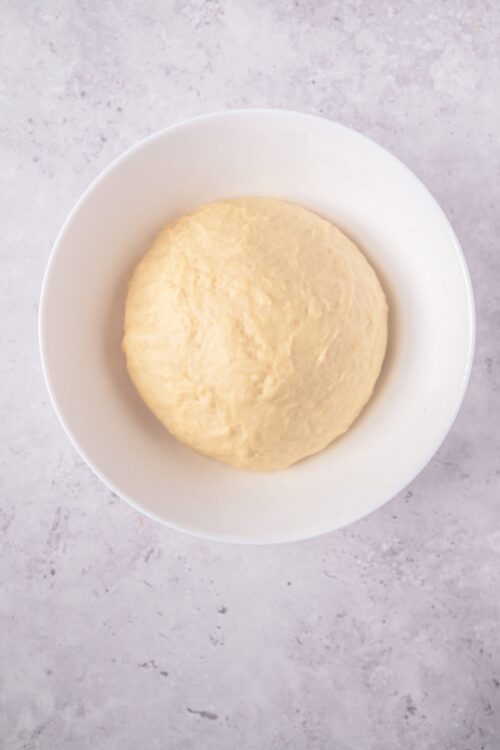 Soft dough ball resting in a white bowl, ready for baking or further preparation.