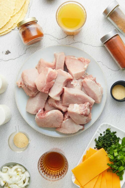 Raw chicken pieces on a white plate with spices, broth, cheese, and herbs for baked chicken dish.
