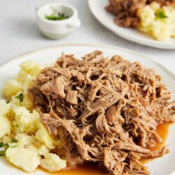 Tender shredded pork with creamy mashed potatoes and fresh herbs on a white plate.