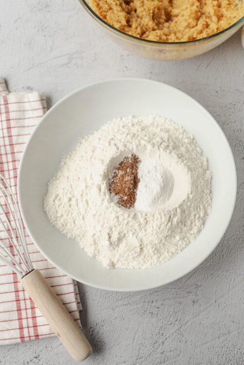 Flour and spices in a white mixing bowl for baking, close-up shot.