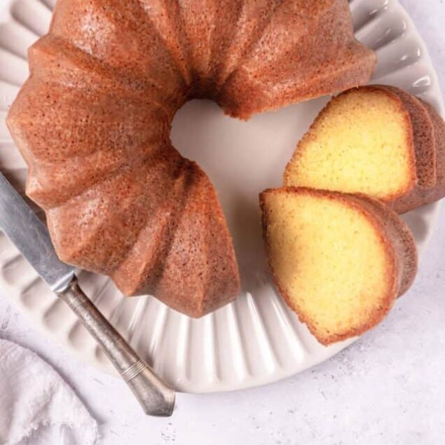 Buttermilk Vanilla Cake with a golden brown crust and tender crumb, perfect for dessert or tea.