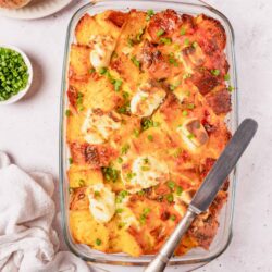 Savory breakfast casserole with eggs and hash browns.