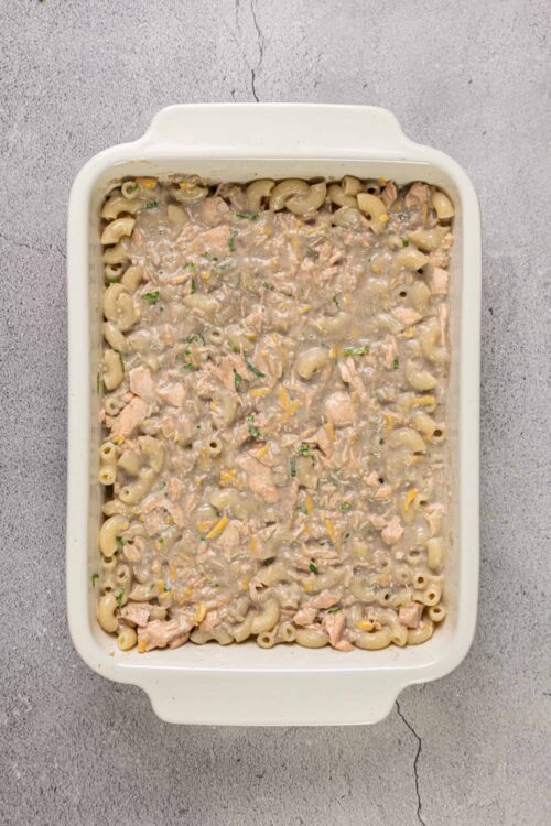 Creamy chicken and pasta casserole with a savory sauce topped with cheddar cheese, baked to perfection.
