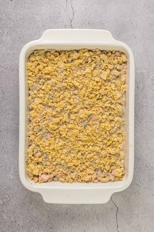 Creamy baked pasta casserole topped with golden breadcrumb crust.