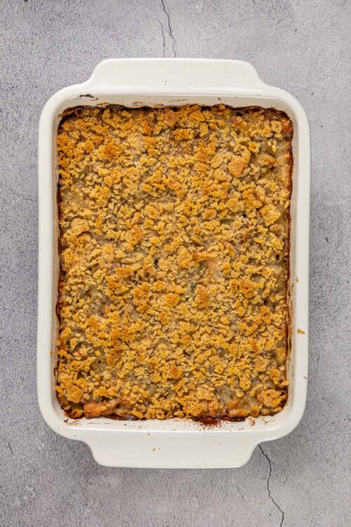 Cracker Barrel Chicken Casserole baked dish with golden crispy topping.