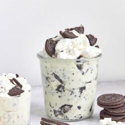 Creamy cookies and cream ice cream with Oreo cookie chunks and mini marshmallows.