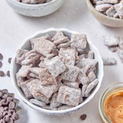 Creamy peanut butter chocolate chip cookies dough squares in bowls, ready for baking or snacking.