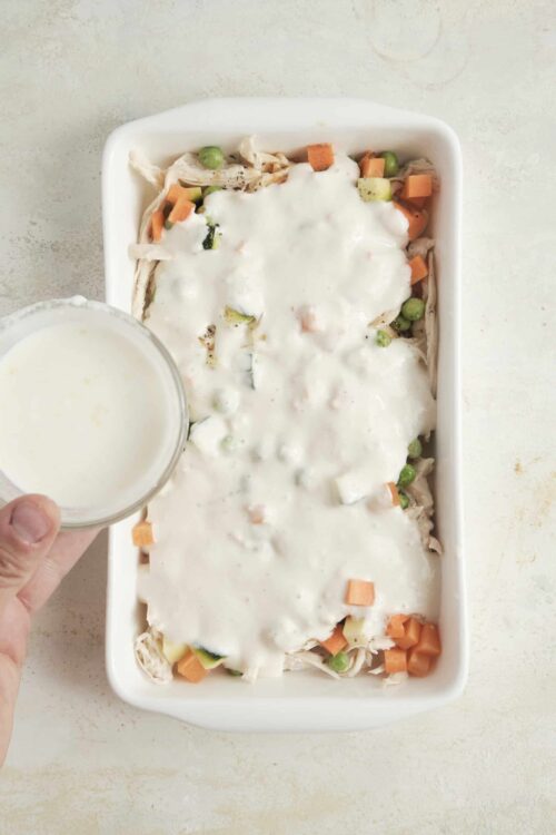 Seasoned chicken casserole with vegetables and creamy white sauce, ready to bake.