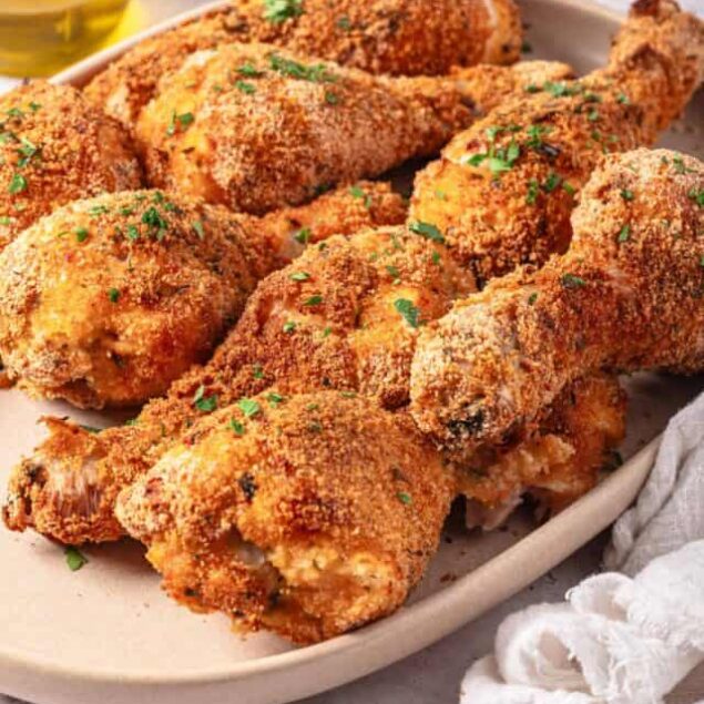 Crispy baked chicken drumsticks and thighs on a white platter with herbs.