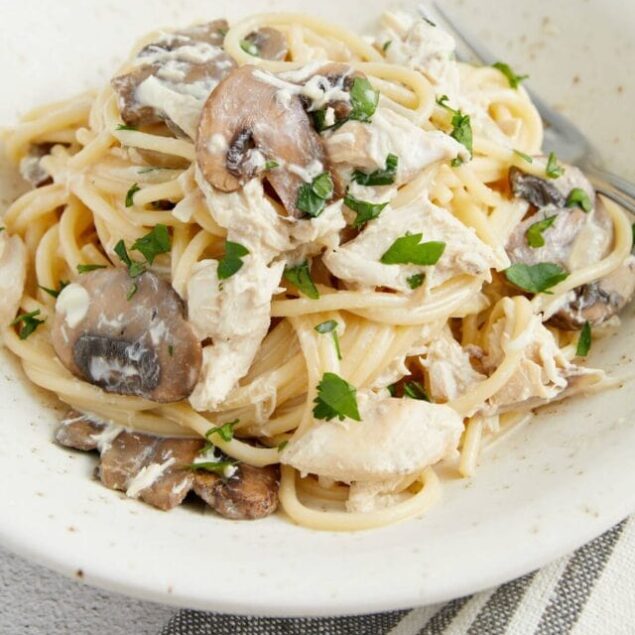 Creamy mushroom chicken pasta in a white bowl with herbs and parmesan cheese.