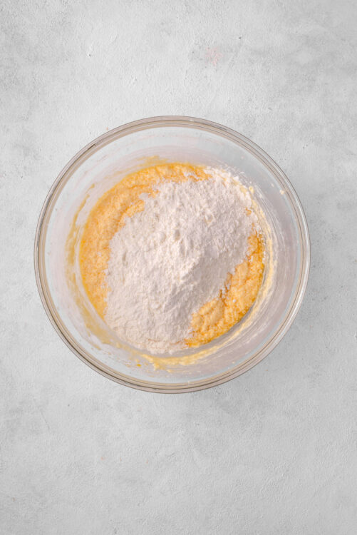 Flour and butter mixture in a glass bowl for baking pastry or cake.