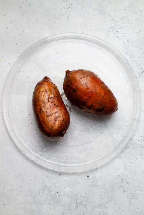 Sweet Potatoes on a Glass Plate for Healthy Cooking and Recipes.