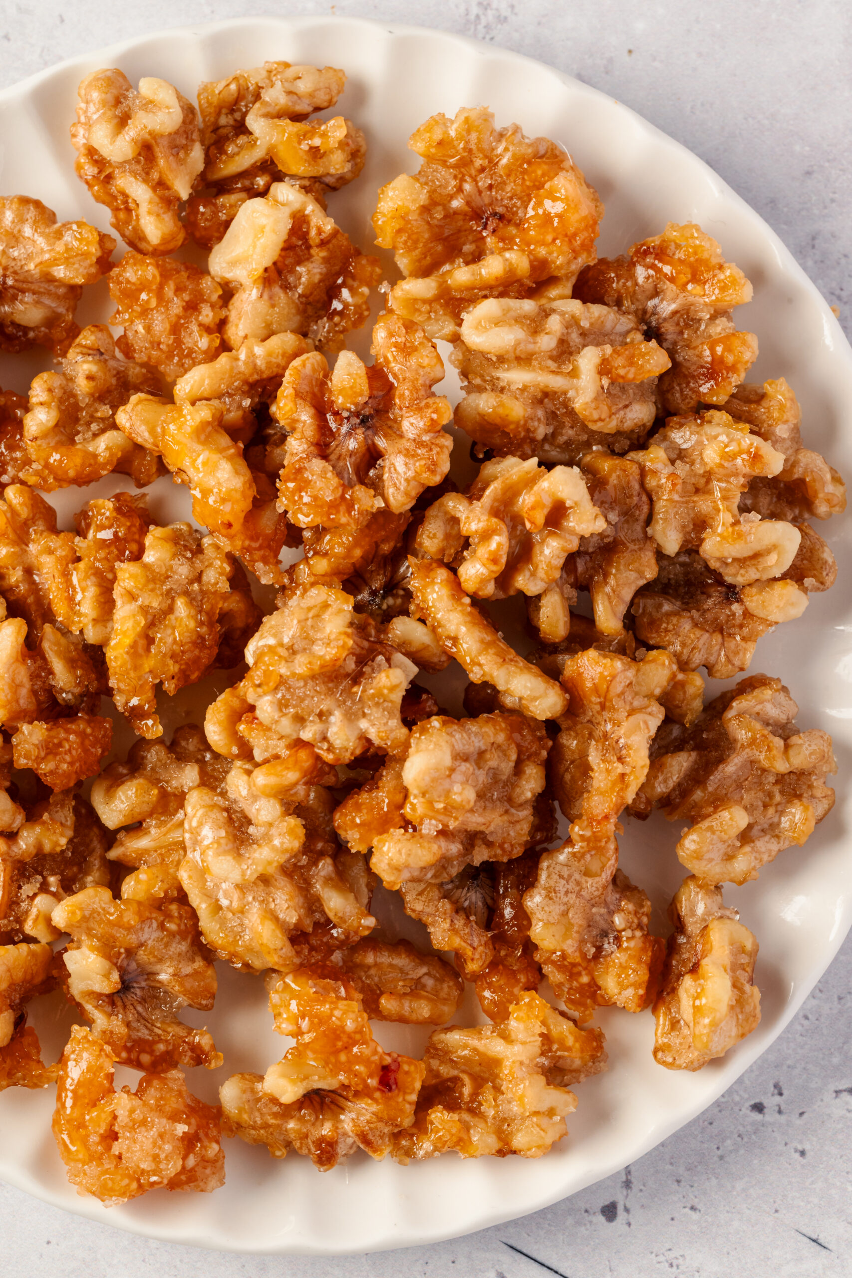 Candied Walnuts in a plate shot from above