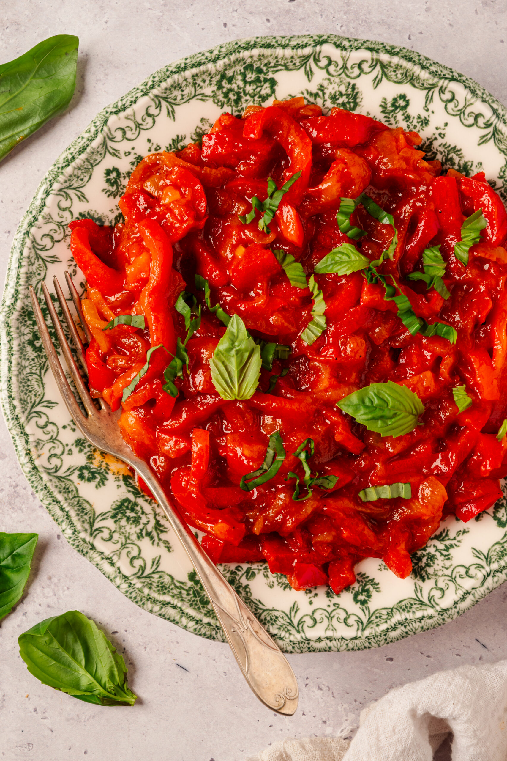 Peperonata in a plate shot from above