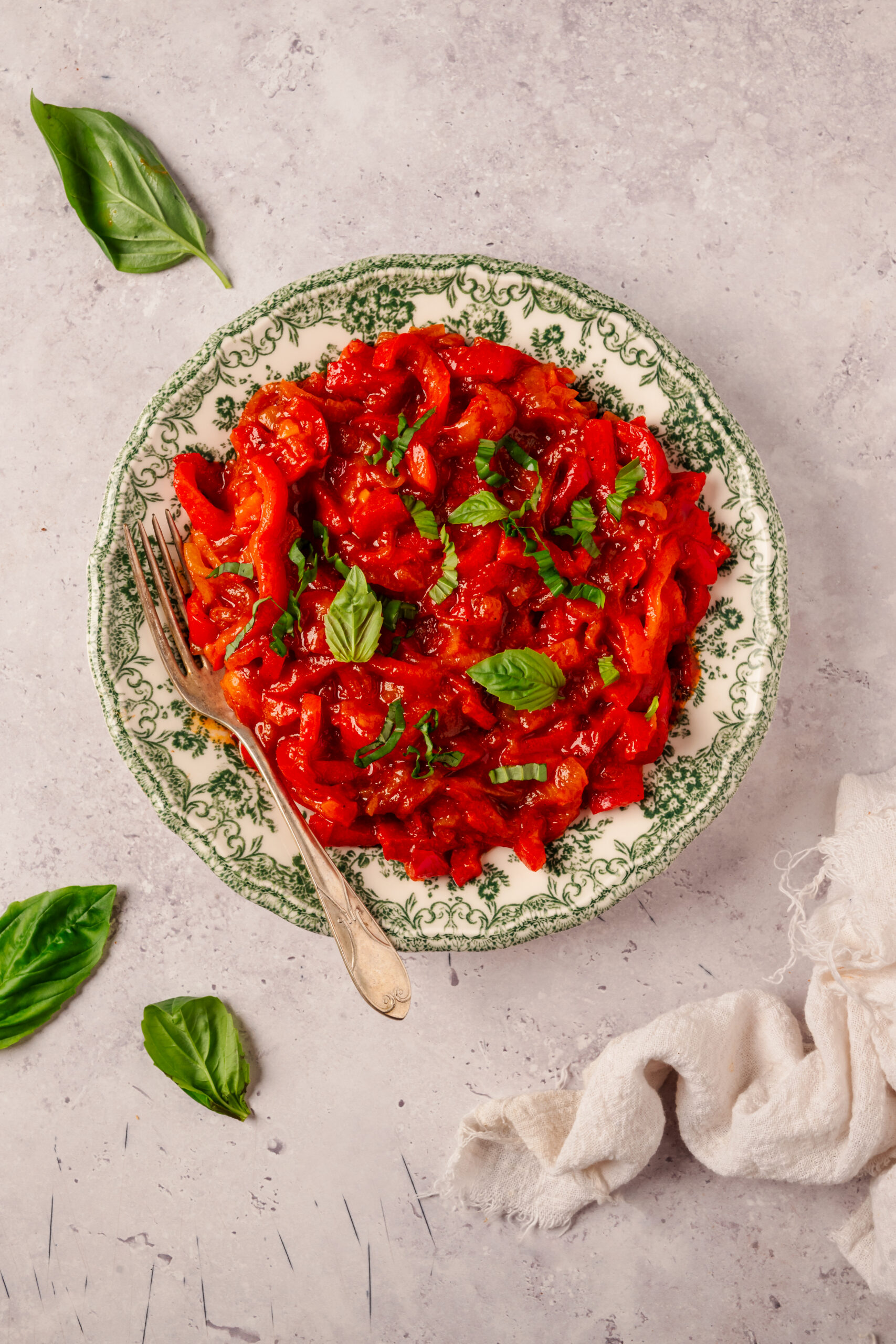 Peperonata in a plate shot from above