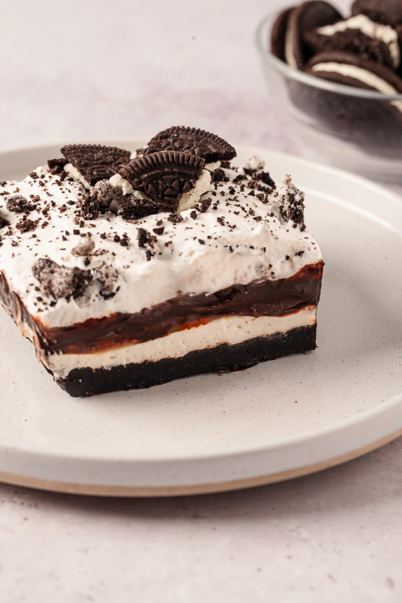 Oreo Lasagna slice shot from the side