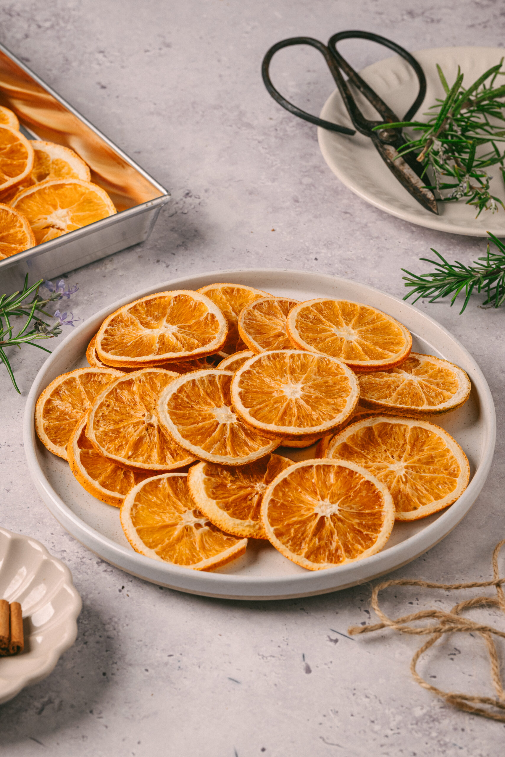 Dry Orange Slices assembled on a plate diagonal shot