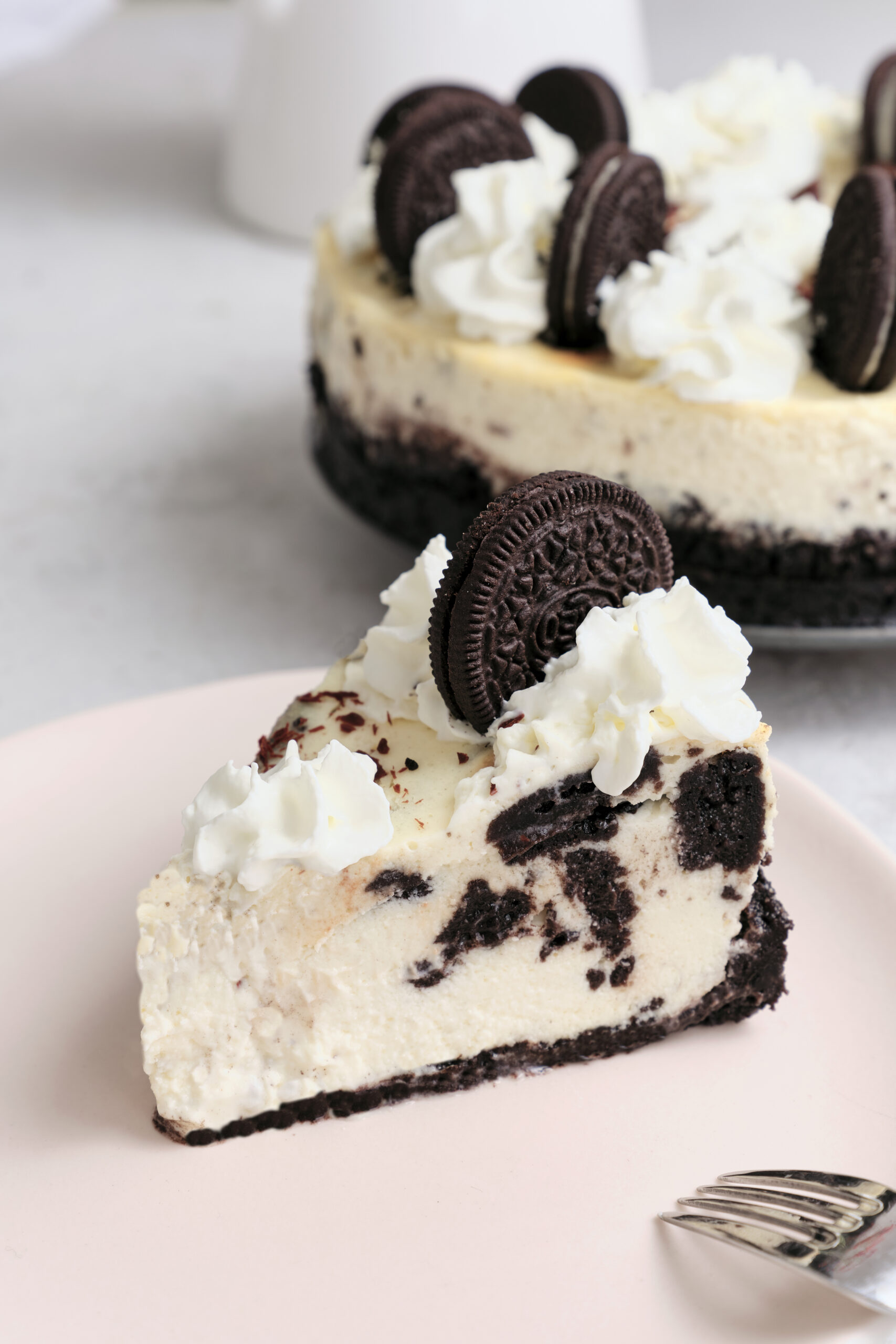 Oreo Cheesecake slice shot from diagonal