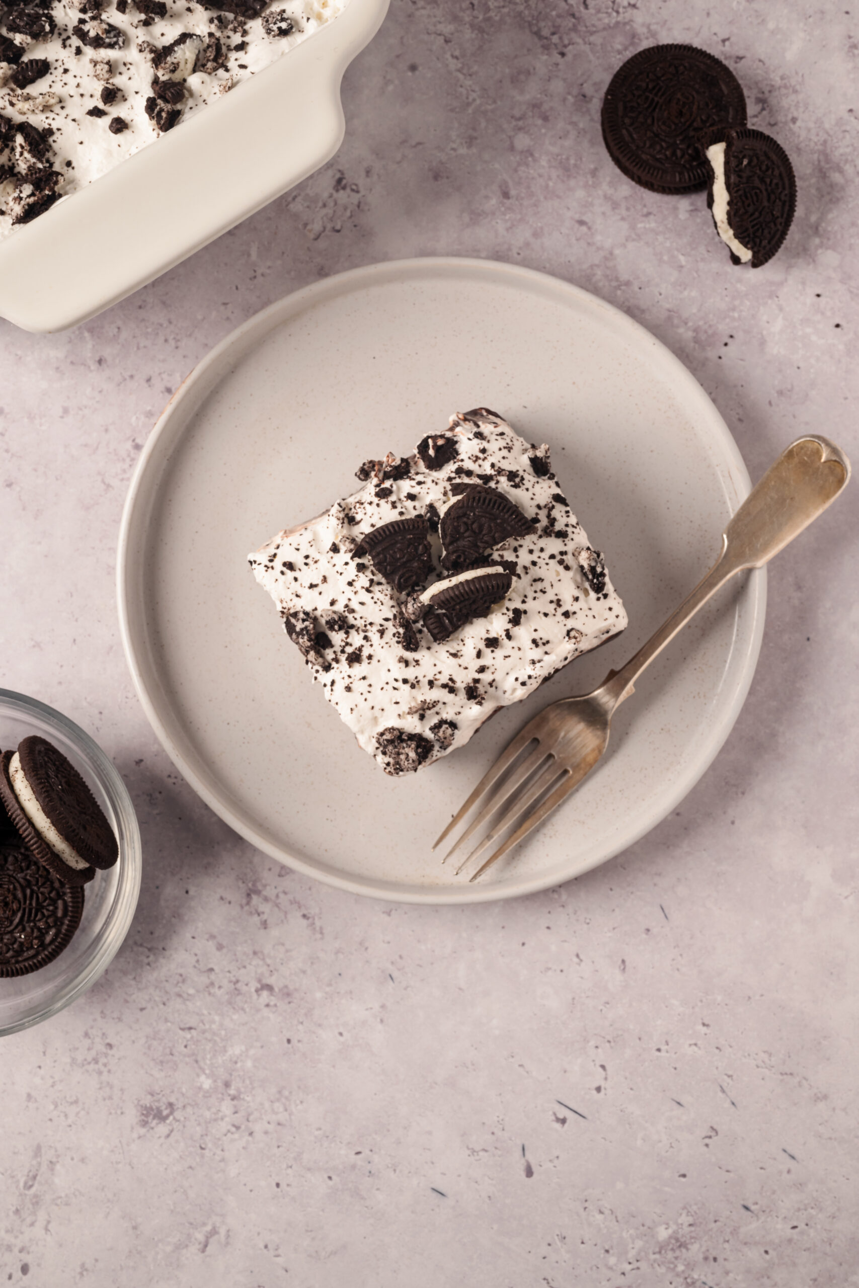 Oreo Lasagna slice shot from above