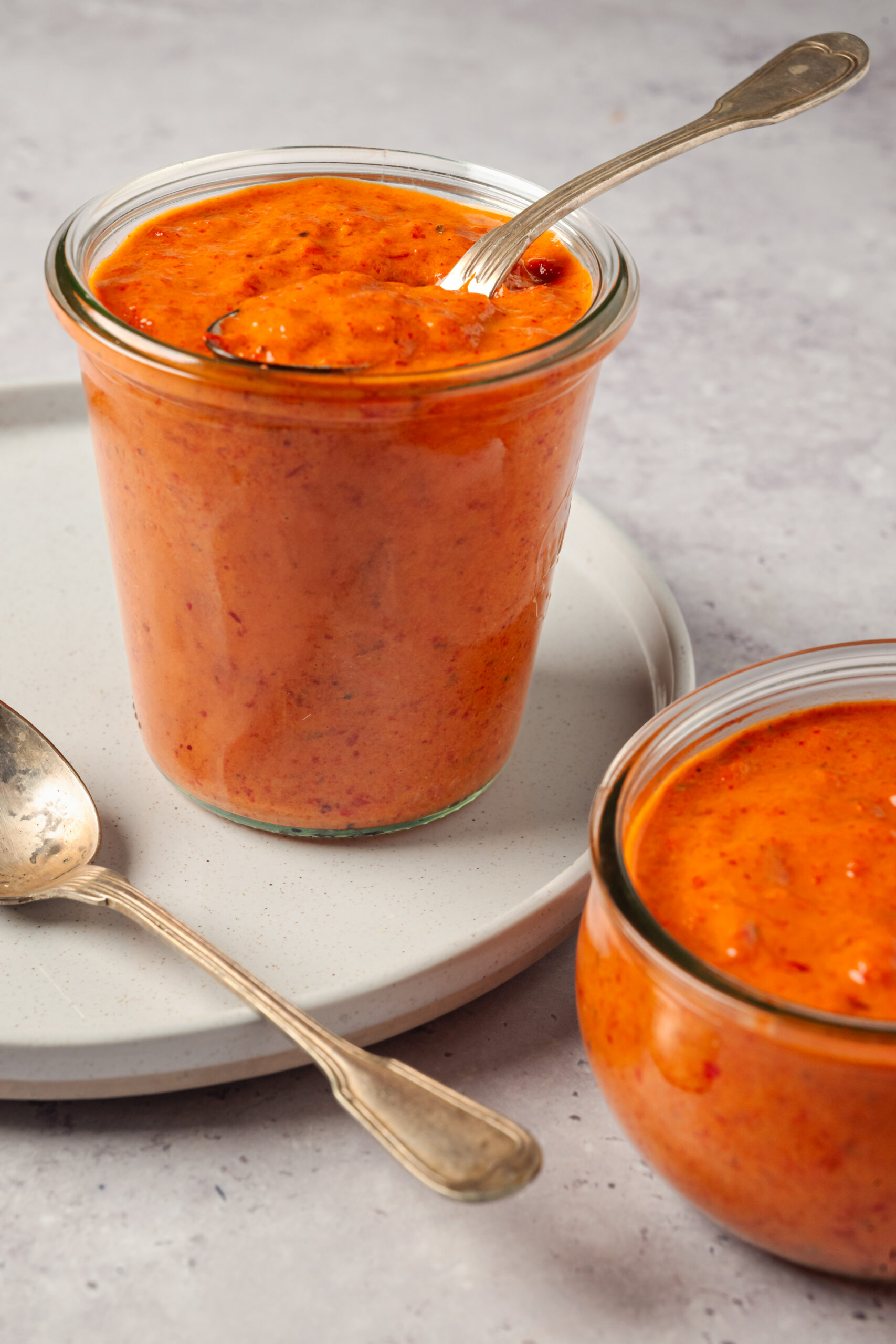Roasted Red Pepper Sauce in a container shot from the side