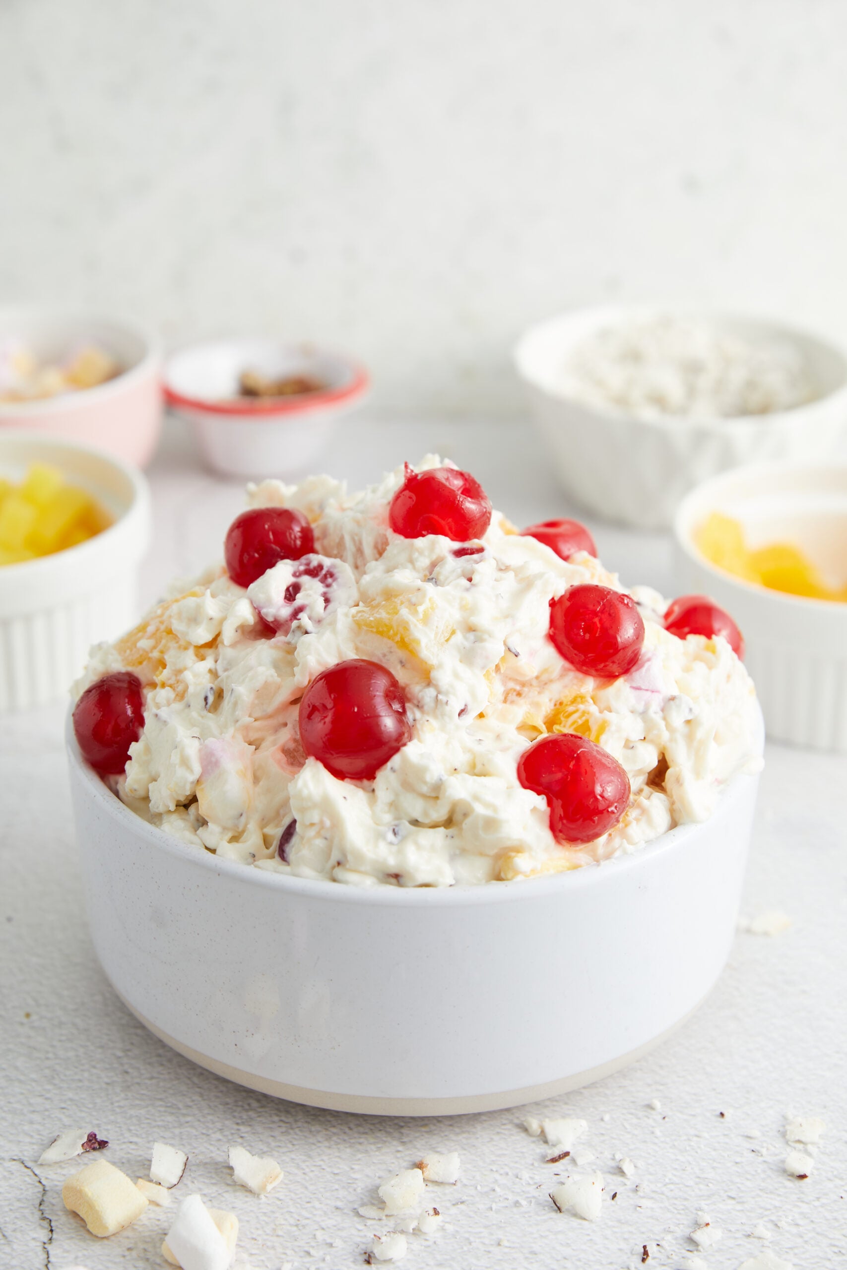 Ambrosia Salad in a bowl shot from the side