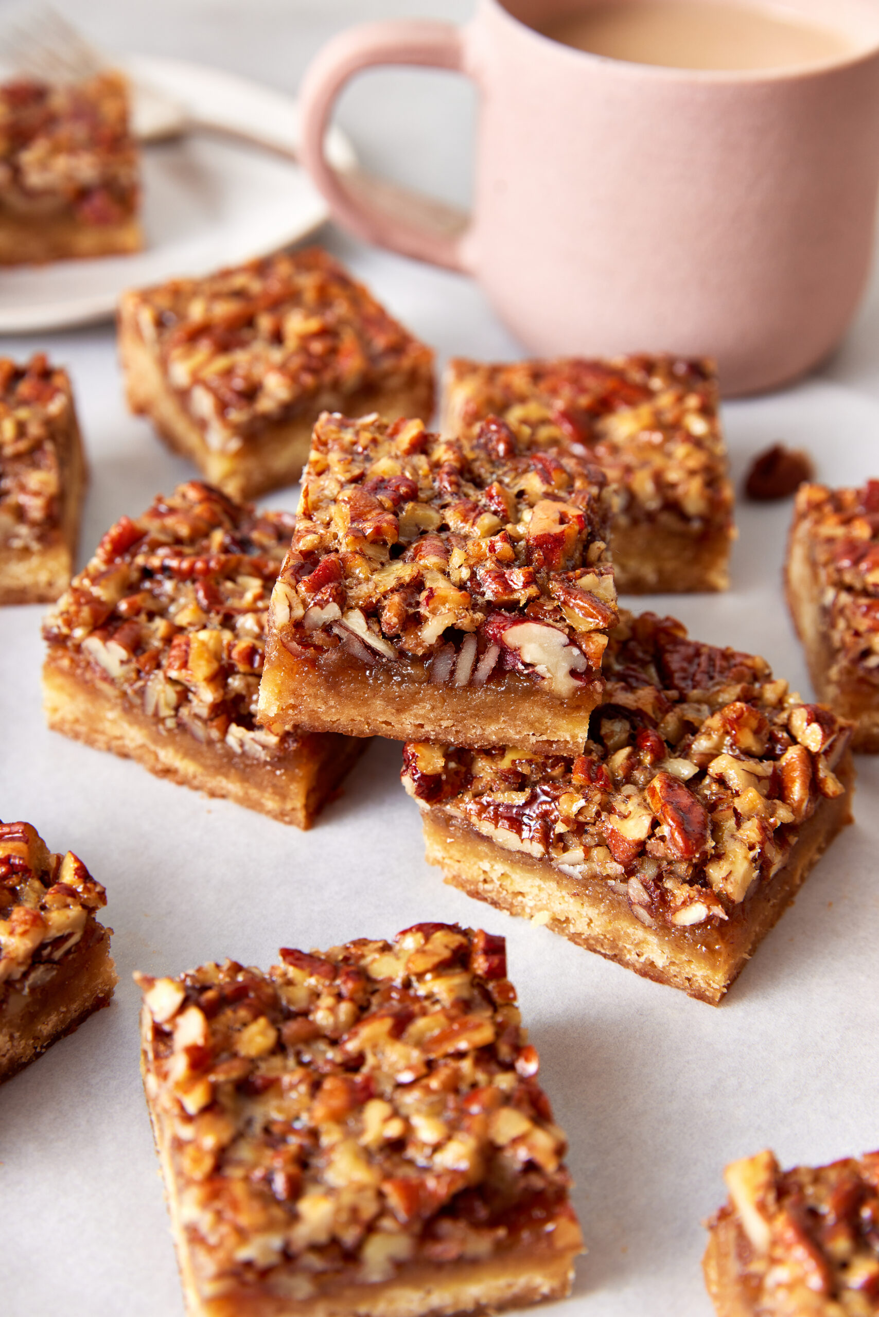 Pecan Pie Bars stacked close-up diagonal shot