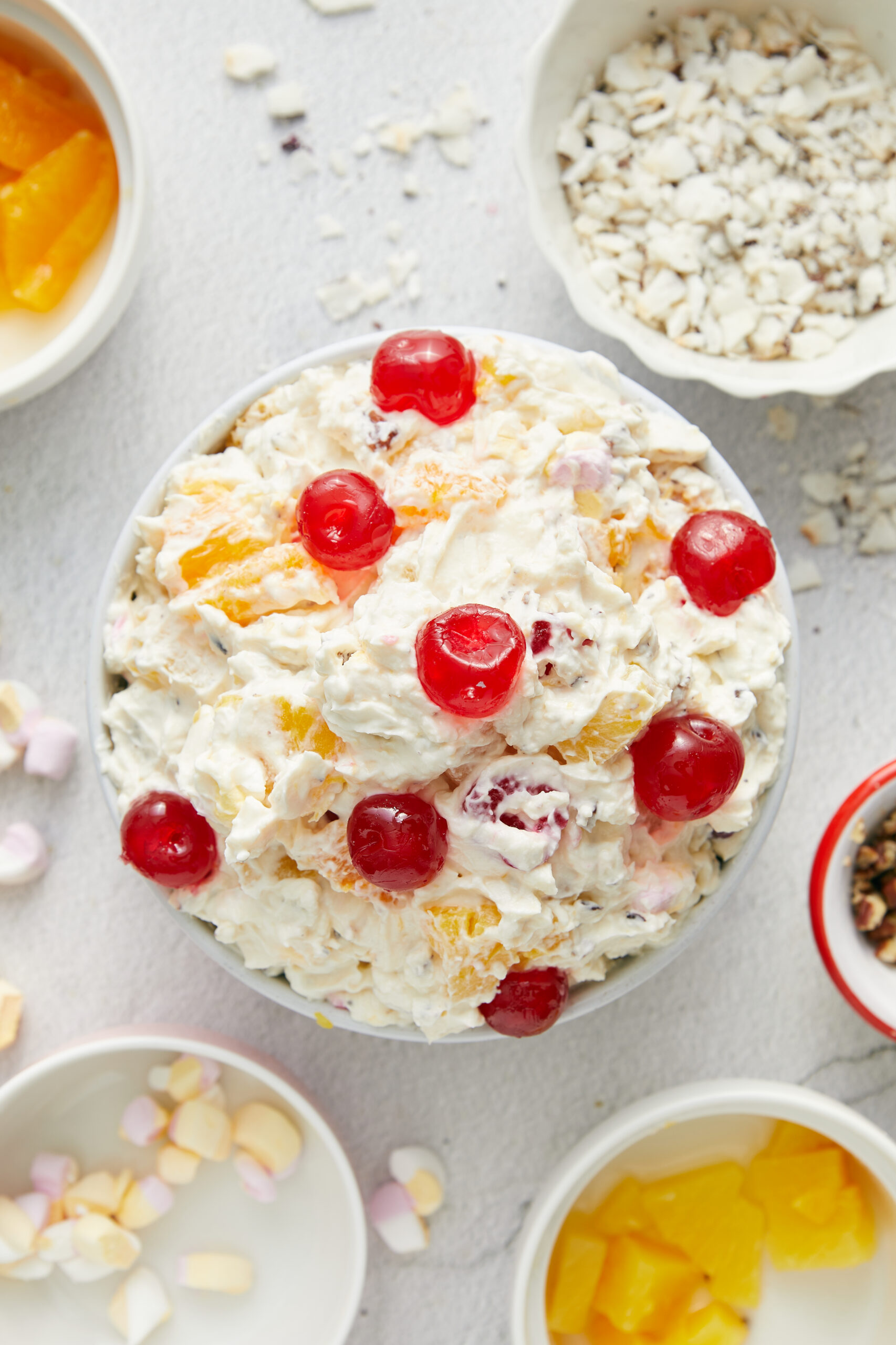Ambrosia Salad in a bowl shot from above