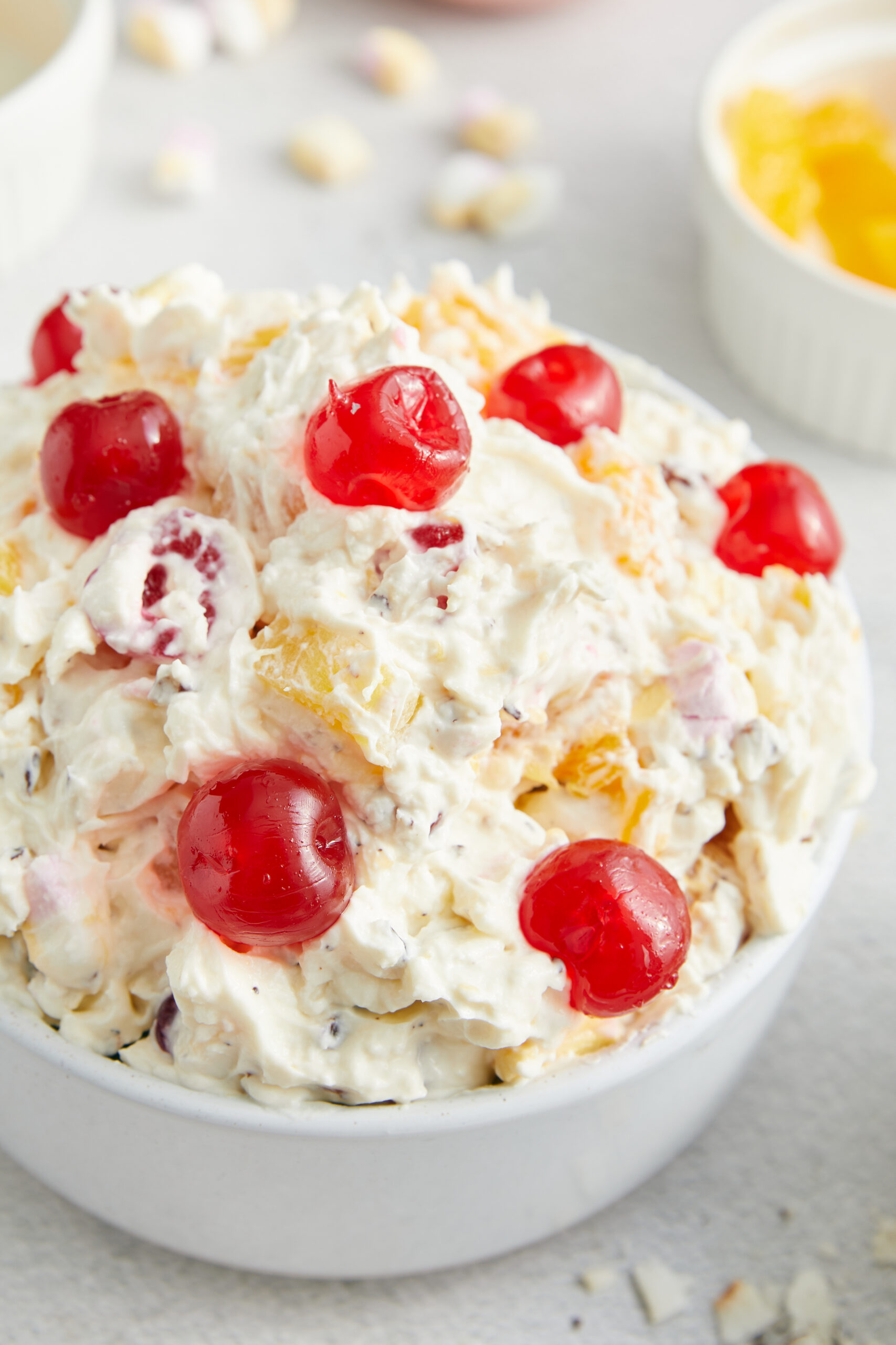 Ambrosia Salad in a bowl shot from diagonal