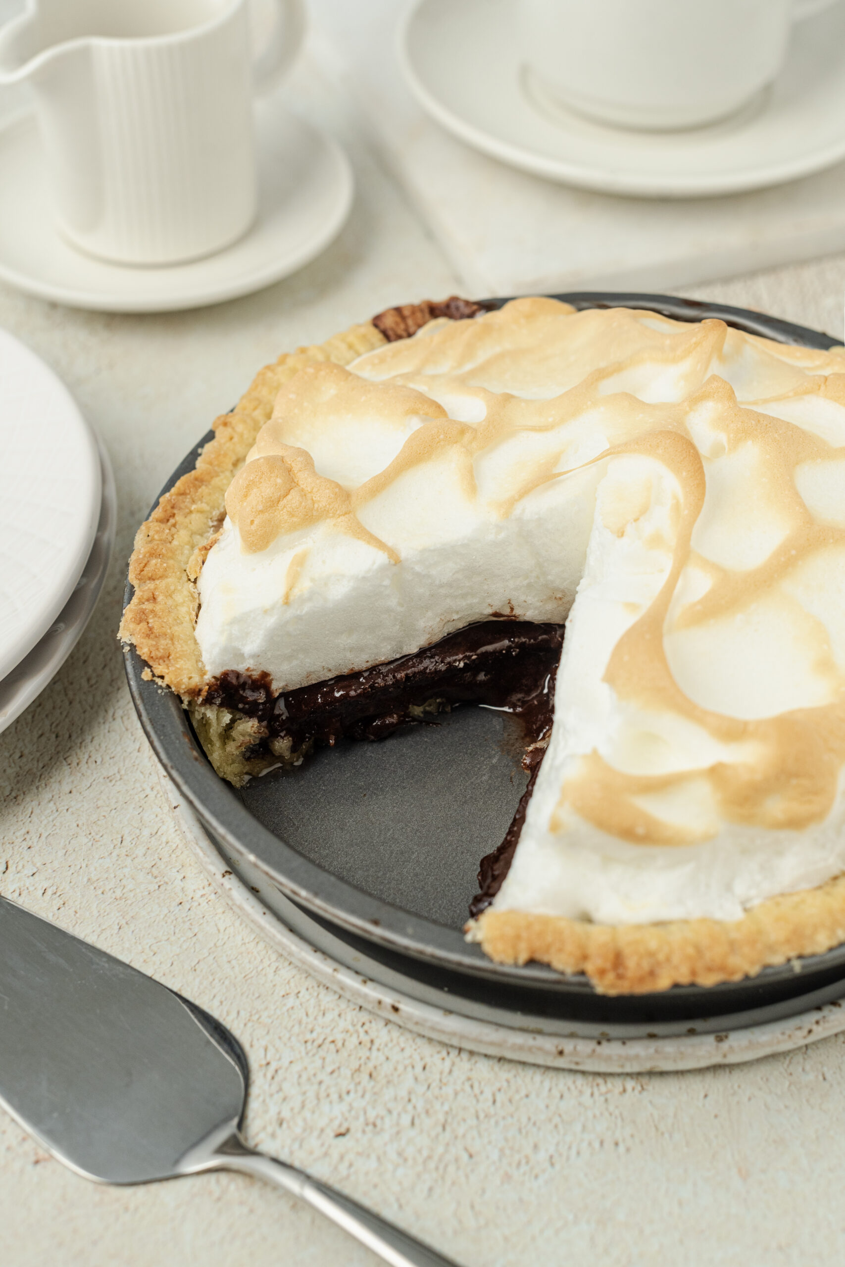 Chocolate Pie on a plate diagonal shot