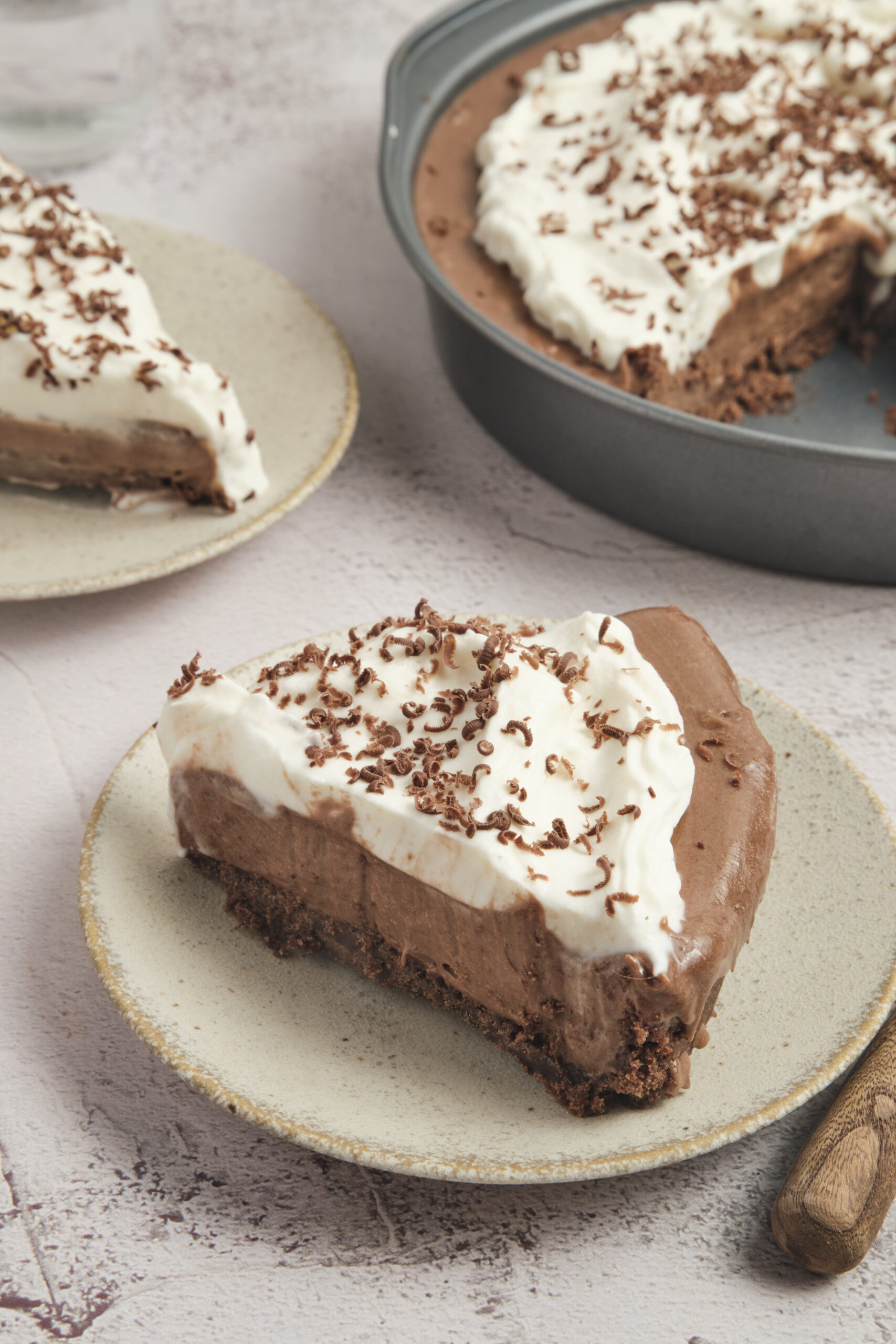 French Silk Pie slice in a plate diagonal shot