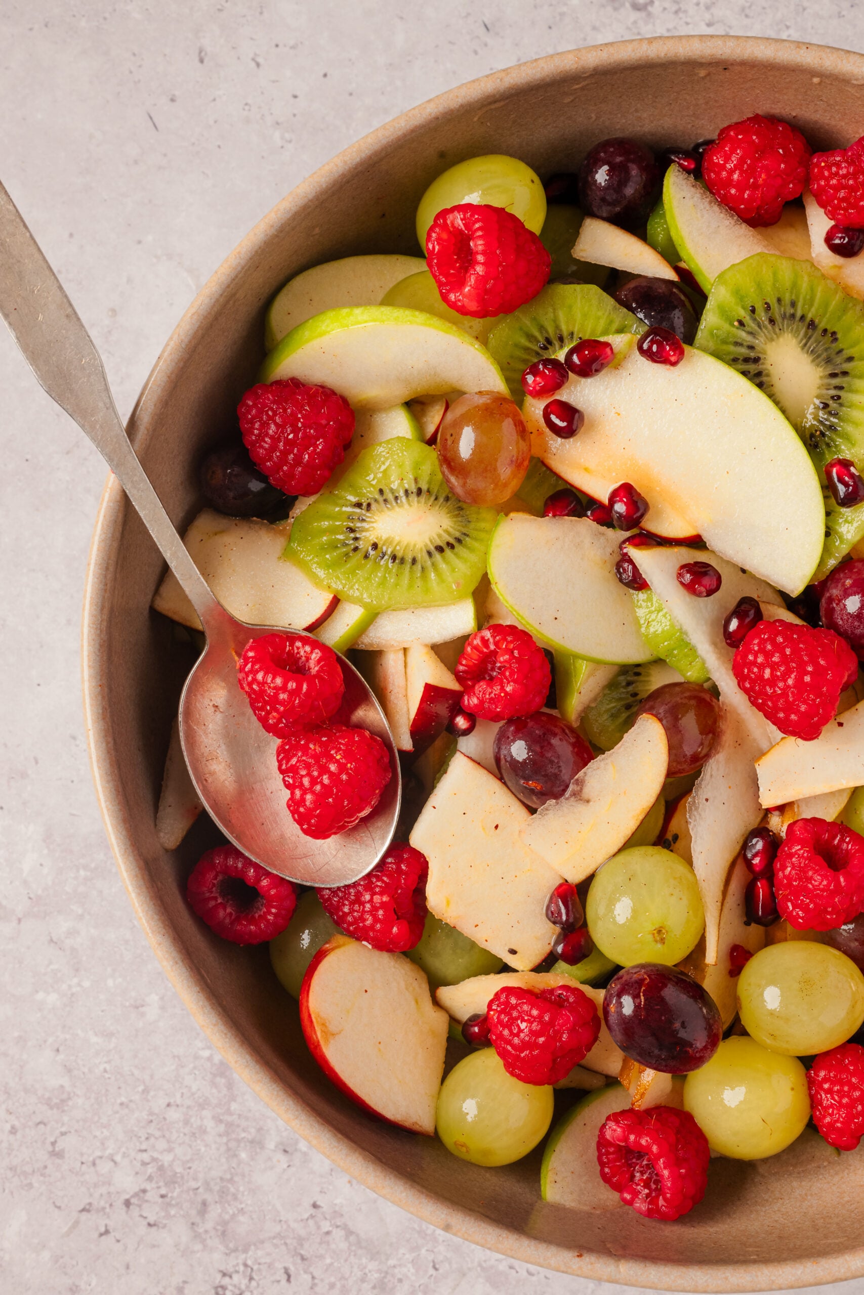 Christmas Fruit Salad in a bowl shot from above